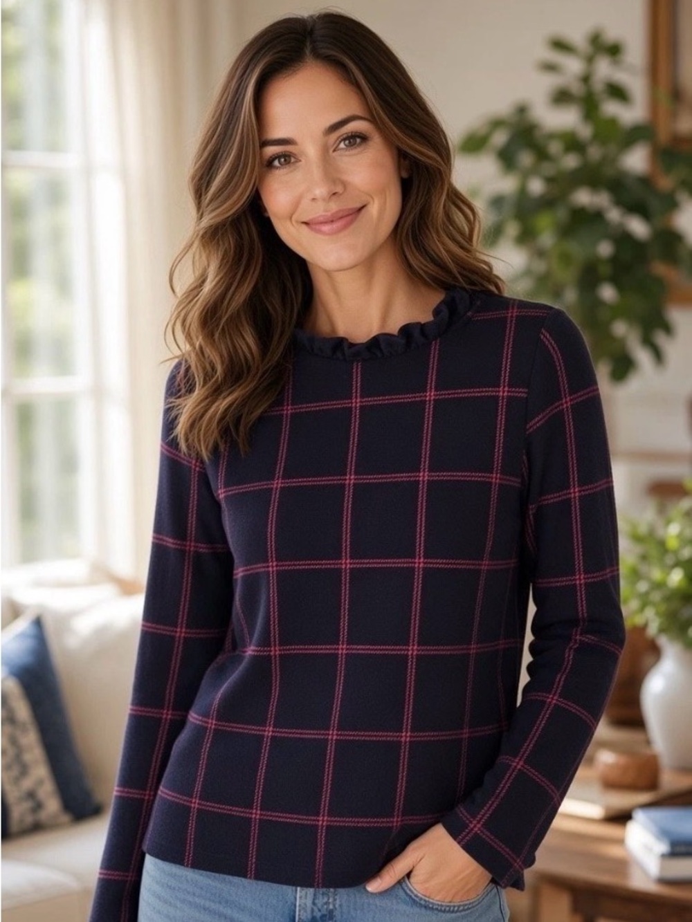 Ann Taylor NWOT Black With Red Sweater Windowpane Plaid Ruffled Mock Neck Small